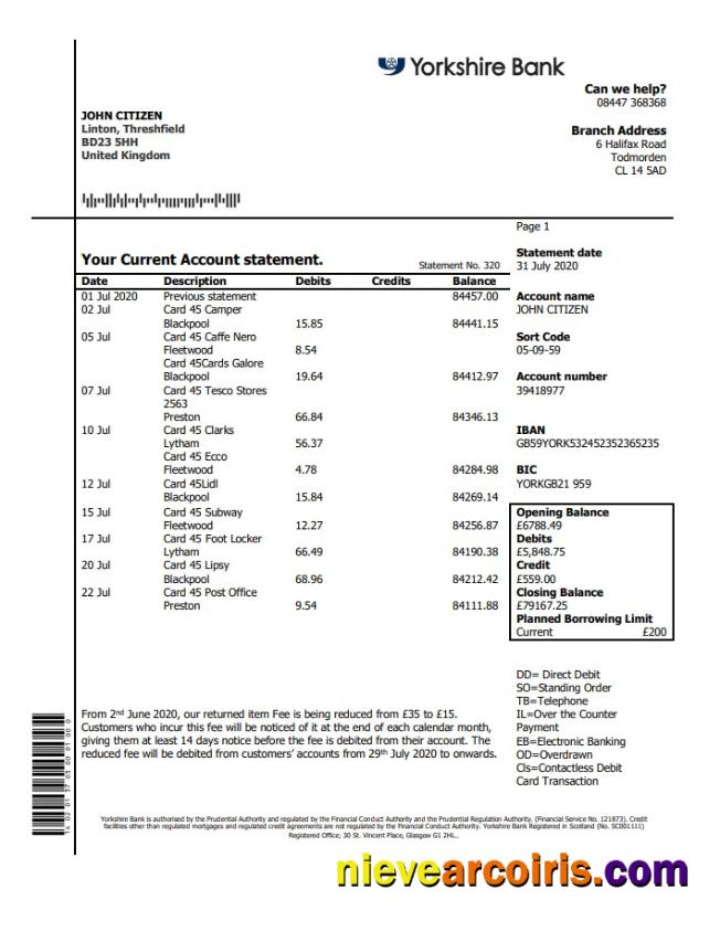 United Kingdom Yorkshire Bank statement in Word and PDF format, good for address prove
